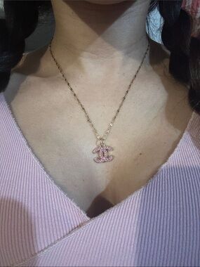 CHANEL Pink Crystal CC Logo Pendant with Gold-Tone Chain